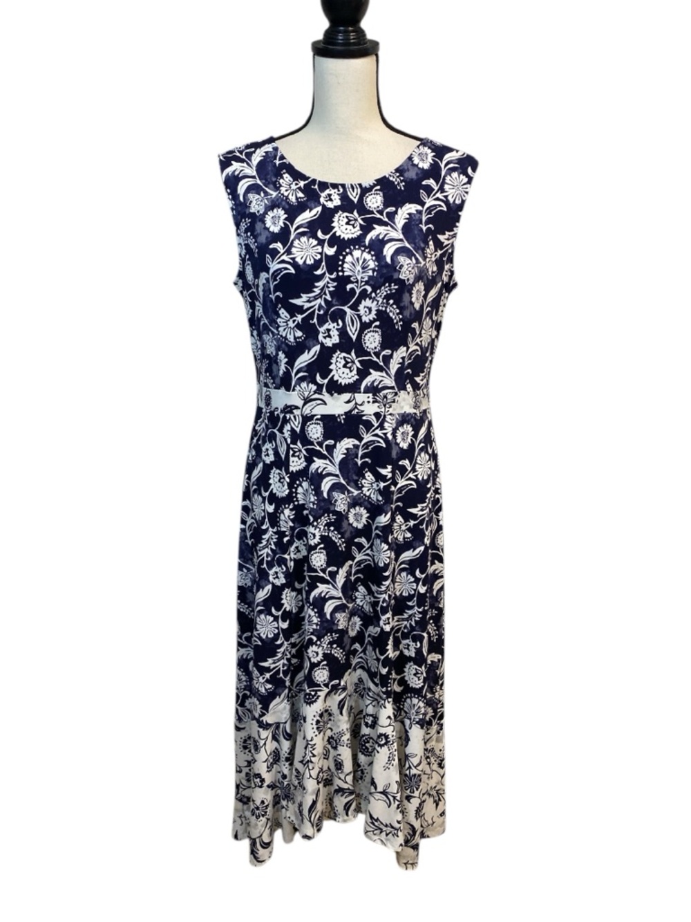 Chaus Navy and White Sleeveless Ruffle Hem Dress Size Medium